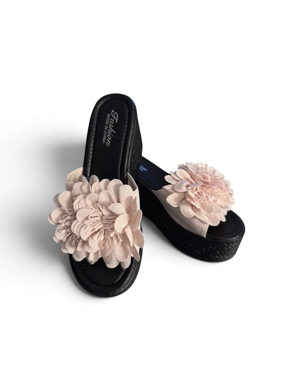SHEIN Black & Apricot 3D Flower Platform Wedge Sandals – Size 41 / US 9.5